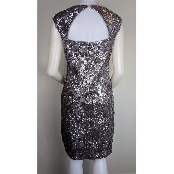 Ralph Lauren Gray Silver Sequin Tulle Evening Sheath Dress Keyhole Back Size 10 - Picture 7 of 12